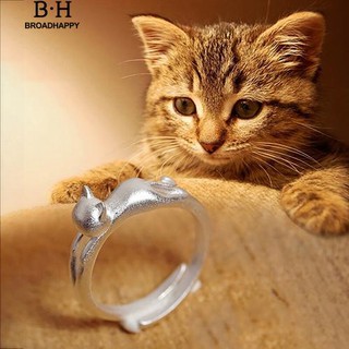 💘broadhappy💍แฟชั่นสตรีน่ารักแมว Silver Plated ปรับเปิดแหวน Xmas แหวนเกลี้ยง