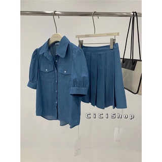 cicishop(1121)SET 2ชิ้นเสื้อคอปกแขนสั้น+กระโปรงอัดพลีทซิปหลัง ผ้ายีนส์นิ่มเบาสบายสวย เท่ โคเรียสุดๆ