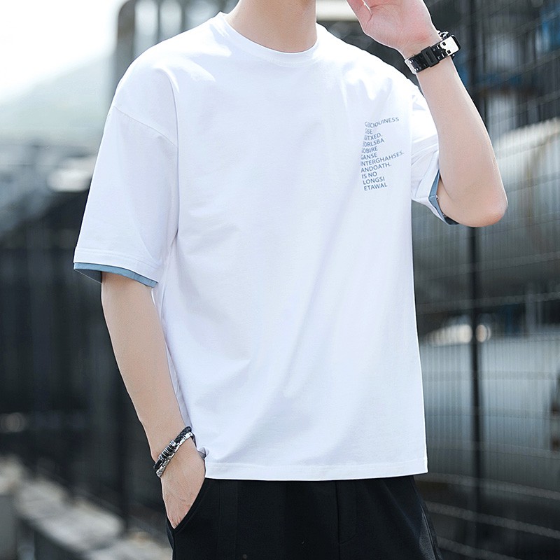ฤดูร้อนแขนสั้นtเสื้อผู้ชายผ้าฝ้ายคอกลมหลวมครึ่งแขนนักเรียนพอร์ตลมinsเสื้อแขนห้าจุด