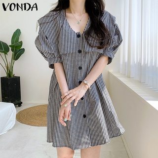 สินค้า Vonda ชุดเดรสสั้น แขนห้าส่วน คอวี ลายสก๊อต สไตล์เกาหลี เหมาะกับฤดูร้อน สําหรับผู้หญิง