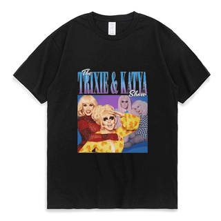 เสื้อยืดแขนสั้น ผ้าฝ้าย พิมพ์ลายกราฟฟิค Trixie Katya 90s สไตล์ฮิปฮอป สตรีท เข้าได้กับทุกชุด สําหรับผู้ชาย NB321GRE12901