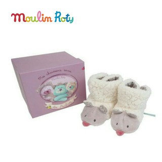 Moulin Roty ถุงเท้าเด็กอ่อน รองเท้าเด็กอ่อน ใช้ได้แรกเกิด- 9 เดือน ลายแมวภูเขา  Les Pachats Slippers MR-660011 (สีม่วง)