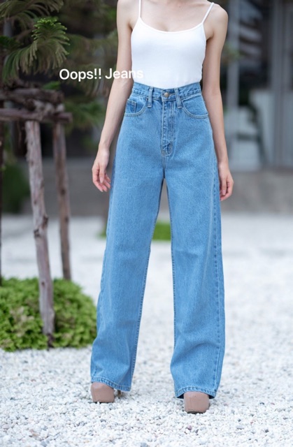 code-l9e6b-ลด25-oops-jeans-กางเกงขายาวกระบอก-เอวสูงสียีนส์