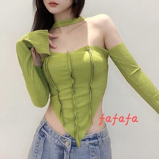 CYTX-Women´s Crop Tops, Halter Neck Off Shoulder Long Sleeve Solid Color T-Shirt for Young Ladies