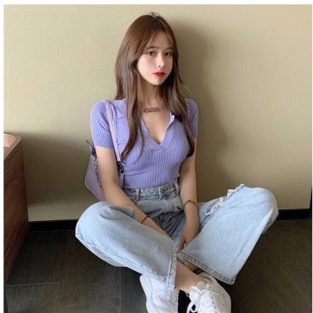 anna-3008เสื้อครอปผู้หญิง-เสื้อครอปครึ่งตัว-อกv-น่ารักมากอผ้าคัตตอน-crop-top-เสื้อครอปแขนสั้น