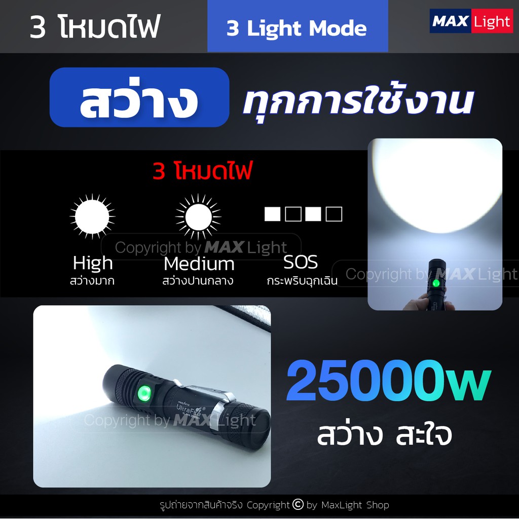 ภาพสินค้าMaxLight ไฟฉาย T6 สว่างมาก ไฟฉายแรงสูง Zoomได้ ส่องไกล รุ่น Ultrafire 518 ไฟ 3 Mode ไฟฉายชาร์จUSB จากร้าน maxlight_shop บน Shopee ภาพที่ 3