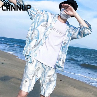 ภาพหน้าปกสินค้าCANNUP  ชุดเสื้อเชิ้ตแขนห้าส่วนกางเกงขายาว   ทรงหลวมลายนกพิราบไม้ เหมาะกับเดินชายหาด  สไตล์ฮาวาย สําหรับผู้ชาย 2022ใหม่ ที่เกี่ยวข้อง