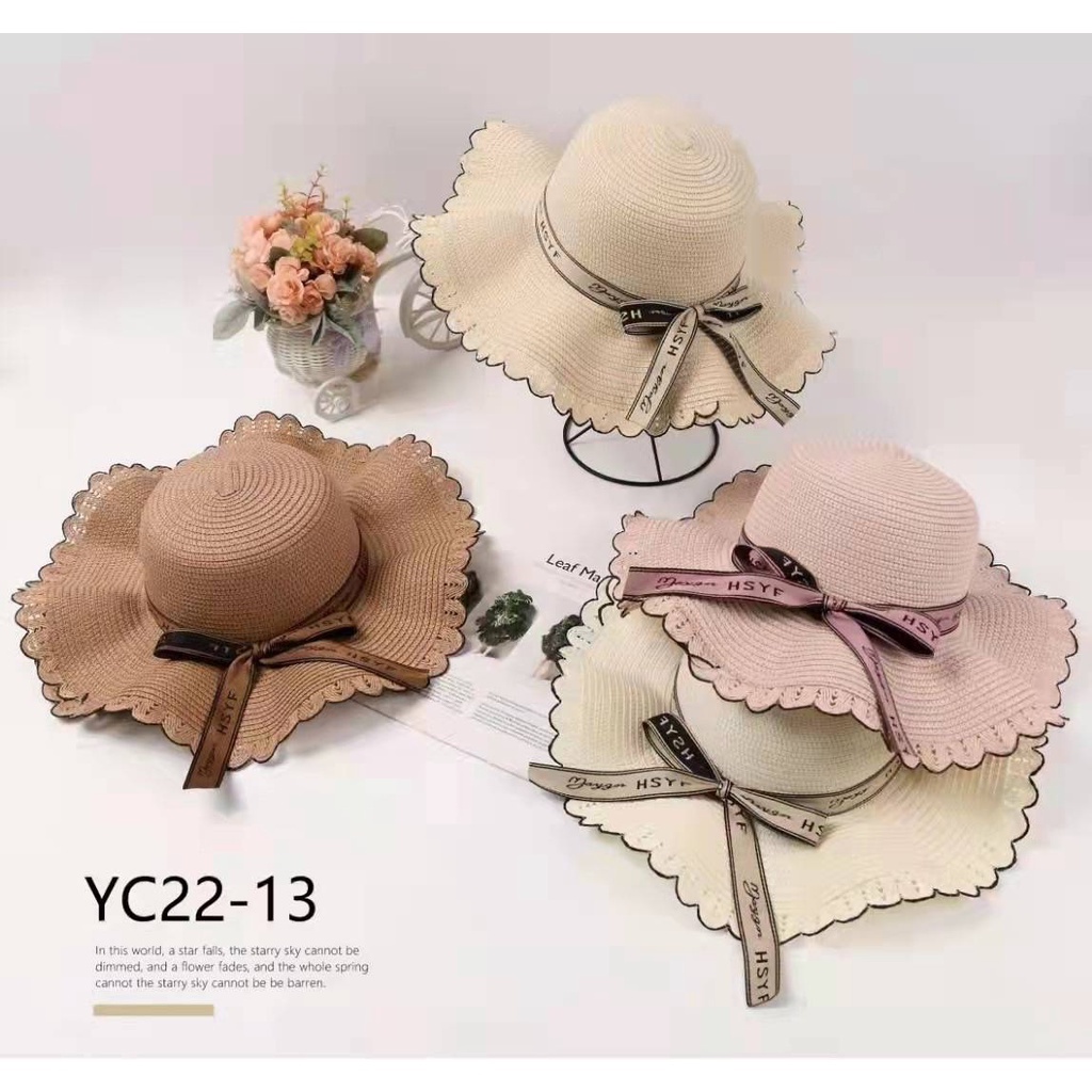 หมวกสานปีกกว้าง-คาดด้วยริบบิ้นน่ารักๆพร้อมส่งจากไทย-c-027