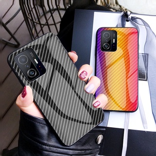 Ready Stock เคส Xiaomi Mi 11T Pro 11 Lite 5G NE Casing Carbon Fiber Pattern Tempered Glass Hardcase Silicon Soft Edges Shell Cover เคสโทรศัพท์ Mi 11T 11TPro Phone Case