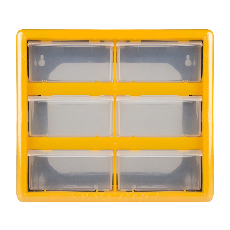 กล่องลิ้นชัก-กล่องเก็บเครื่องมือช่าง-กล่องใส่อะไหล่พลาสติกแบบลิ้นชักติดผนัง-6-ช่อง-hl3045-a-ขนาด-10-5-นิ้ว-สีใส-เหลือง