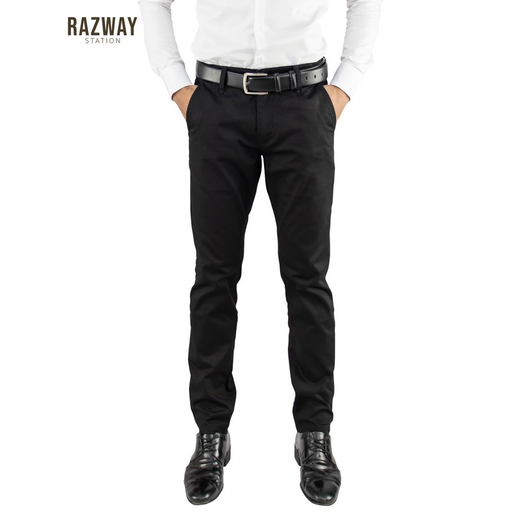 มุมมองเพิ่มเติมเกี่ยวกับ Razway กางเกงสแล็ค กางเกงชิโน่ ผ้ายืด ทรงกระบอกเล็ก กางเกงสแลคชาย (สีดำ)