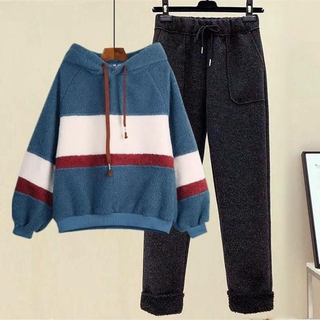 2020ฤดูใบไม้ร่วงและฤดูหนาวใหม่สไตล์หนาFaux Lambswool 2ชิ้นชุดสาวฤดูหนาวหลวมTopsสาวhoodie