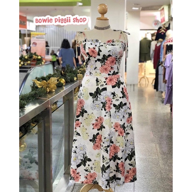 แมกซี่เดรสลายดอก-ผูกโบว์สายเดี่ยว