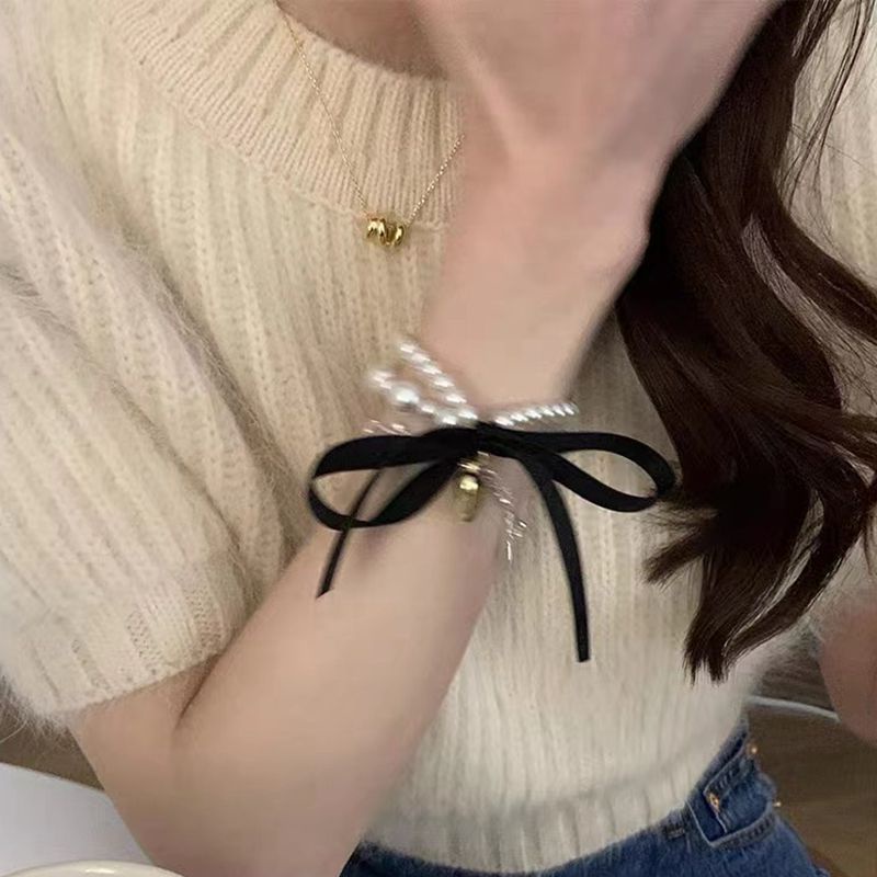 ยางรัดผม-ประดับโบว์-สองชั้น-ประดับไข่มุก-เข้ากับทุกการแต่งกาย-แฟชั่นฤดูร้อน-แบบเรียบง่าย