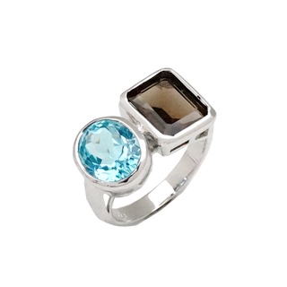 Artisan by NK -แหวนเงินแท้ ฝังพลอย บลูโทพาส (Blue Topaz) และ สโมกกี้ควอตซ์ (Smoky quartz )