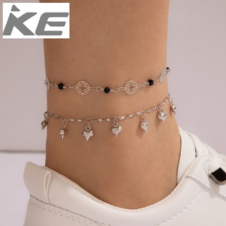 Foot ornaments Heart chain double-anklet Beaded geometric hollow multi-anklet for girls for wo