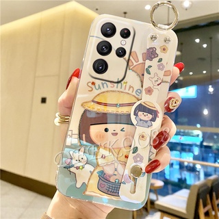 เคสโทรศัพท์มือถือ ซัมซุง Samsung Galaxy S22 Ultra S22+ Plus 5G Phone Case Bling Softcase Casing with Wristband Glitter Cute Cartoon Sun Girl Back Cover เคสโทรศัพท์ ซัมซุงS22 GalaxyS22 S22Ultra