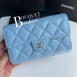 New! Chanel trifold medium wallet blue caviar lghw holo 32