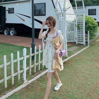 Creamy daisy violet dress มินิเดรสสม็อครอบอก