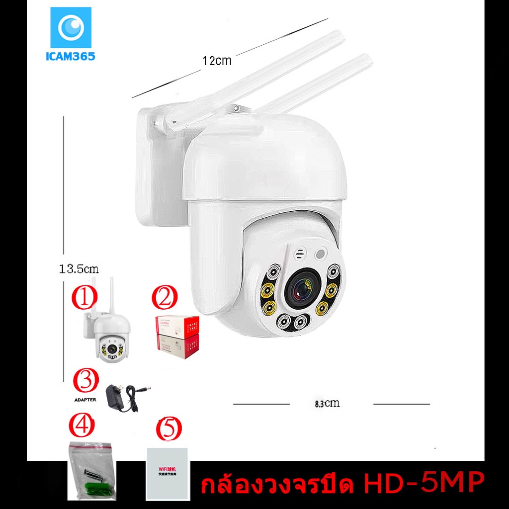 ภาพสินค้ากล้องวงจรปิดกันน้ำ 5ล้านพิกเซล IP camera มีภาษาไทย ทนน้ำ ทนแดด หมุนได้ 355 5MP Megepixel / 2เสา APP:icam365 จากร้าน junanvision บน Shopee ภาพที่ 5