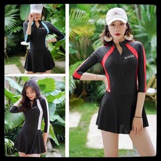 ชุดว่ายน้ำสตรี ชุดว่ายน้ำแขนยาว สีดำ ซิปหน้า มีซับด้านใน กัน ป้องกันรังสียูวี เดรสแขนยาว ไซส์ M-XL women swimwear
