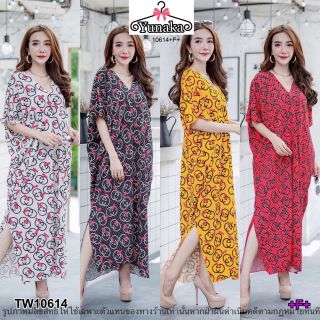 Maxi Dress เดรสยาวคอวี สไตส์เก๋ ผ่าข้างชุดนิดๆ เนื้อผ้าวูลเวฟพิมพ์ลายใส่ได้ตั้งแต่สาวไซส์เล็กถึงสาวไซส์ใหญ่เลยคุ้มสุดๆ