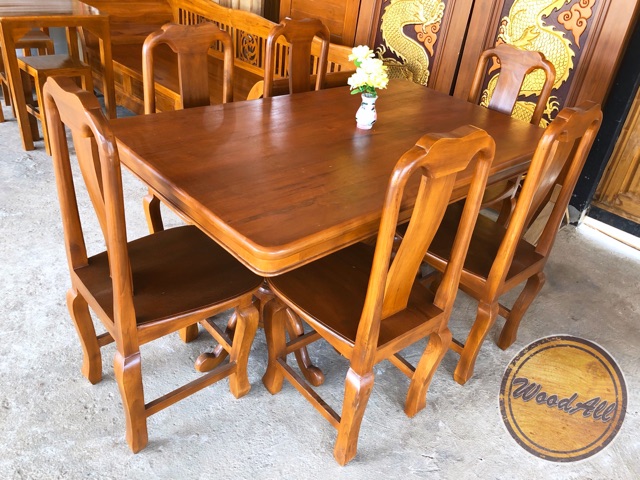 โต๊ะอาหารไม้สักทอง-100-ส่งฟรี-รหัส-t08-ยาว-150-กว้าง-90-สูง-80-cm-พร้อมเก้าอี้-6-ตัว-ส่งฟรี-ยกเว้นอีสานและใต้