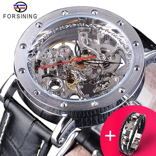 Forsining Watch +Bracelet Set Combination Silver Skeleton Red Hand Black Genuine Leather Automatic Watches Men Transpare