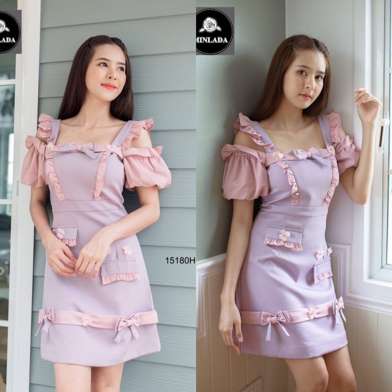 ส่งไว-1-2วันถึง-เดรสเปิดไหล่แขนพองอกติดโบว์