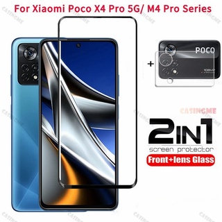 2 in 1 ฟิล์มกระจกนิรภัยกันรอยหน้าจอ แบบเต็มจอ สําหรับ Xiaomi Poco M4Pro X4Pro 5G X3 GT M4 M3 X4 Pro X3 NFC PocoM4Pro PocoX4Pro X4Pro 5G 4G