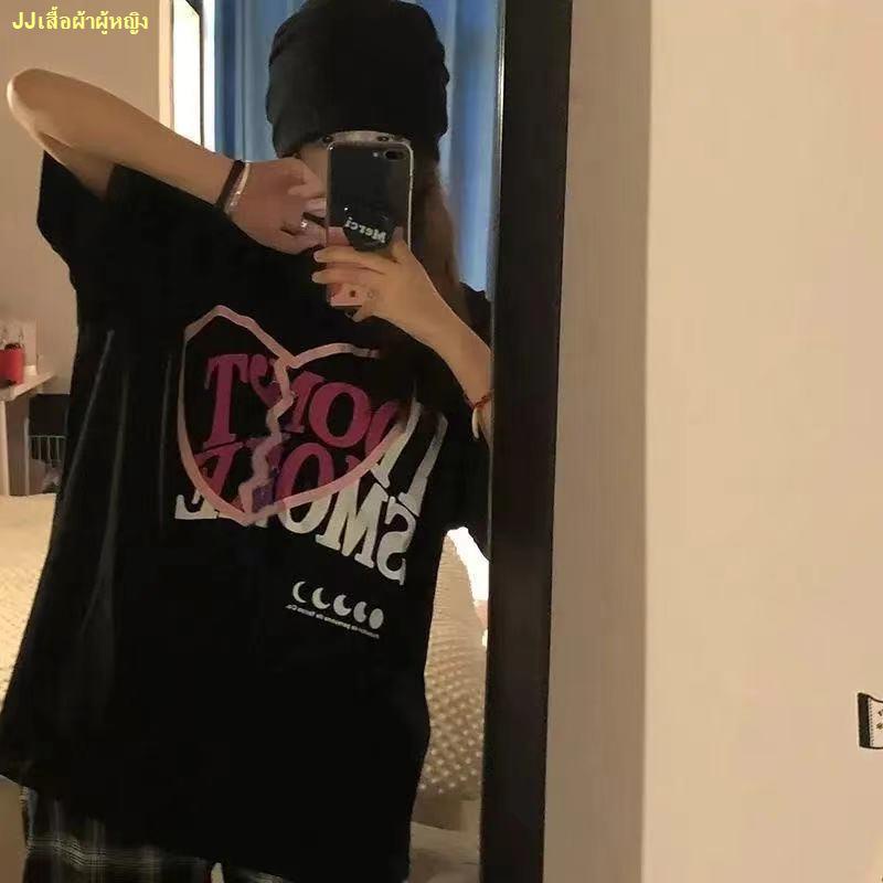 hot-sale-เสื้อยืดผ้าฝ้ายผู้หญิงใหม่สไตล์เกาหลีหลวมแขนสั้นสีดำพิมพ์-top