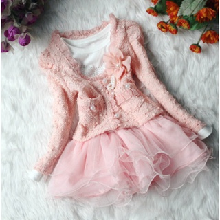 เสื้อผ้าเด็กผู้หญิง ชุดเดรสกระโปรงเจ้าหญิงพร้อมเสื้อคลุม สีชมพูน่ารักลุคคุณหนู ใส่ออกงานได้ GS019