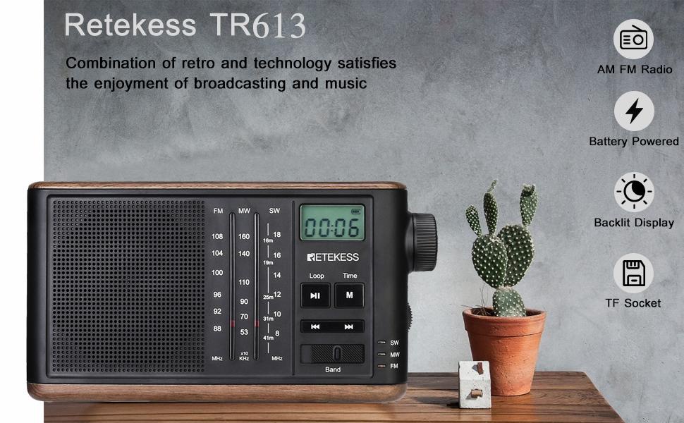 คำอธิบายเพิ่มเติมเกี่ยวกับ Retekess TR613 FM / MW / SW วิทยุผู้สูงอายุย้อนยุคแบบพกพารองรับการ์ด TF อินพุตเสียงสเตอริโอ USB แจ็คหูฟัง 3.5 มม