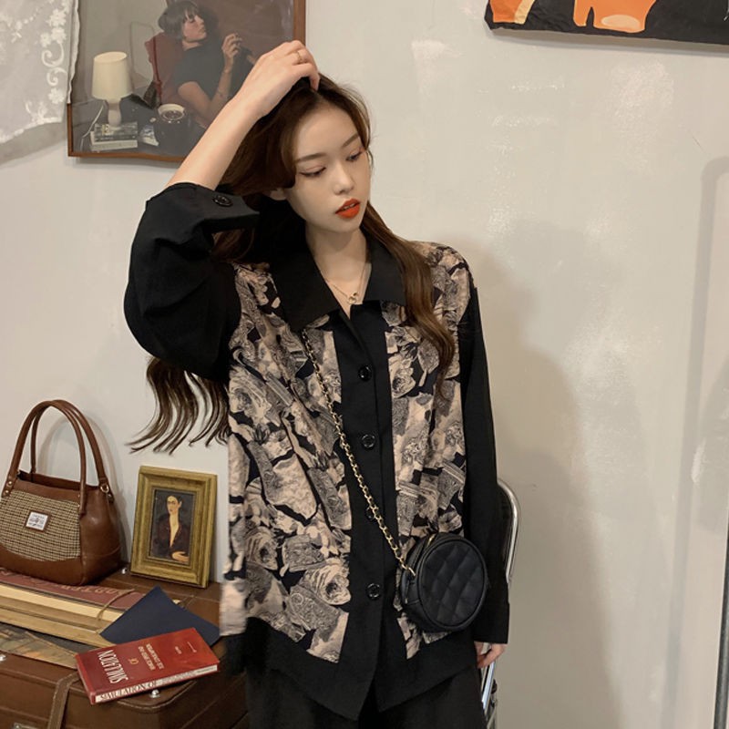 มีสินค้า-พิมพ์ย้อนยุคยอดนิยมเกาหลีเย็บเสื้ออารมณ์เสื้อแขนยาว