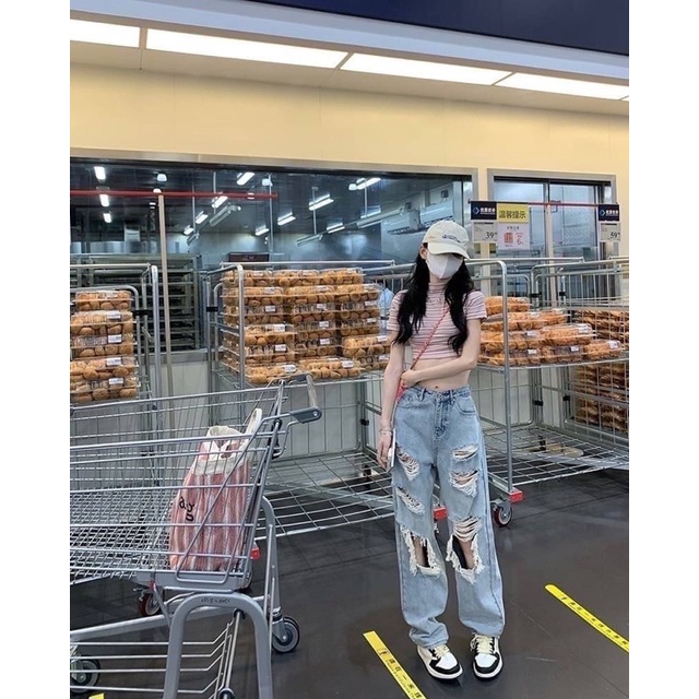 ทักก่อนสั่ง-กางเกงยีนส์-เอวสูง-แต่งขาดเซอร์-s-xl-lolita