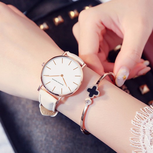 hannahmartinนาฬิกากันน้ำ-นาฬิกาข้อมือ-นาฬิกาแฟชั่น-ผู้หญิง-fashion-white-dial-belt-women-watch-white