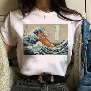 Cat Van Gogh T-shirt Womens Art Print Oil Painting Beautiful Cute Funny T-shirt 90s Cartoon Casual Top T-shirt Womenเสื