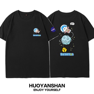 เสื้อยืดแขนสั้นลําลอง ผ้าฝ้าย ทรงหลวม พิมพ์ลายนักบินอวกาศ Nasa Doraemon cat