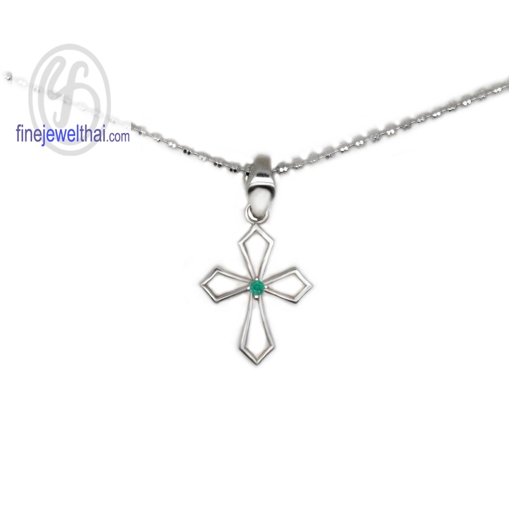 finejewelthaiจี้มรกต-เงินแท้-จี้ไม้กางเขน-พลอยประจำเดือนเกิด-emerald-pendant-silver-p1120em