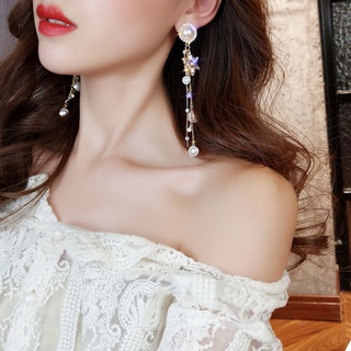 เกาหลี อารมณ์ ไม่สมมาตร เกล็ดหิมะ ต่างหูมุกเทียม สําหรับผู้หญิง บุคลิกภาพ ป่า โซ่ยาว พู่