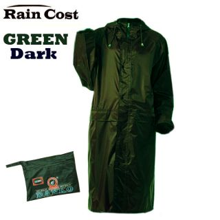 สินค้า ชุดเสื้อโค้ทกันฝน เสื้อกันฝน มีแถบสะท้อนแสงปกป้อง 2 ชั้น ด้วยซิปและกระดุม( สีเขียวขีม้าเข้ม)เสื้อแบบมีหมวกฮูทคลุมศรีษะ)