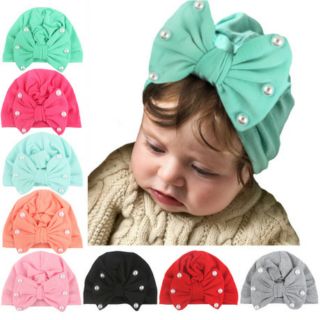 หมวกแขกผ้ายืดสำหรับเด็กเล็ก ผ้าสีพื้นแต่งลายโบว์ติดมุก