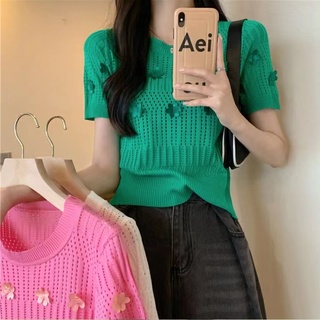 Bonnie(พร้อมส่ง/ใหม่)#17010เสื้อยืดไหมพรมคอกลมเสื้อเชิ้ตแขนสั้นผู้หญิงฤดูร้อนสไตล์ฝรั่งเศส