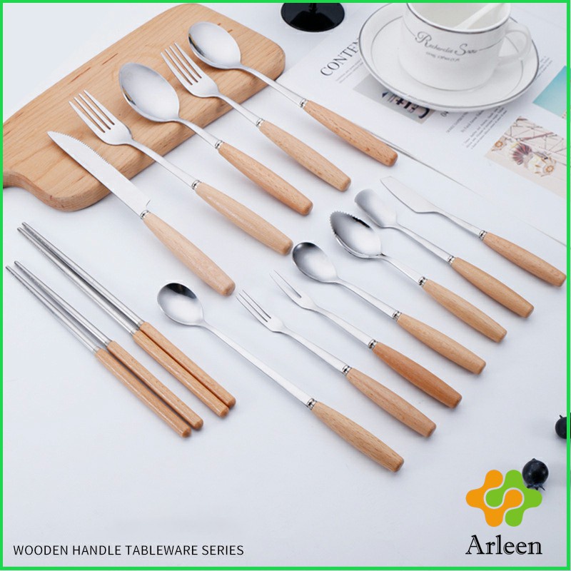 arleen-ชุด-มีด-ช้อน-ส้อม-ตะเกียบ-วัสดุสแตนเลสและไม้-ช้อนส้อมด้ามไม้-stainless-steel-cutlery