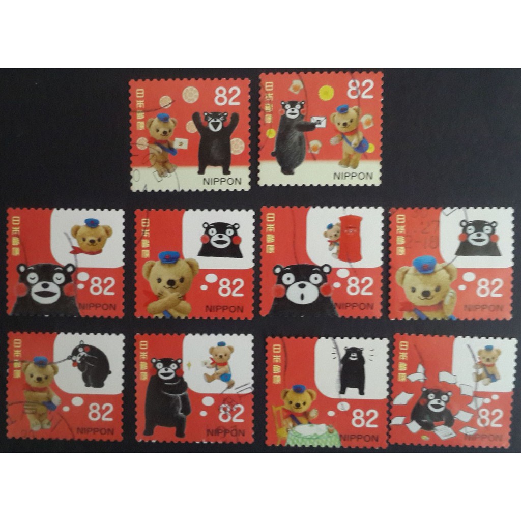 j291-แสตมป์ญี่ปุ่นใช้แล้ว-ชุด-greetings-stamps-posukuma-and-kumamon-ปี-2018-ใช้แล้ว-สภาพดี-ครบชุด-10-ดวง
