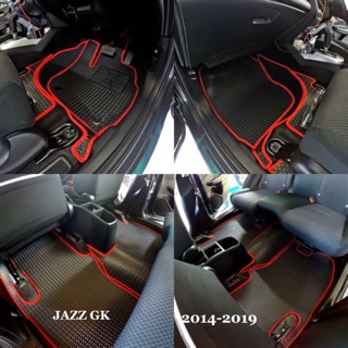 พรมปูพื้นรถยนต์ JAZZ GK 2014-2019 ลายธนู สีดำขอบแดง เต็มคัน 10 ชิ้น(พื้นเรียบ+ตีนตุ๊กแก)แถมฟรีกันสึกฝั่งคนขับ