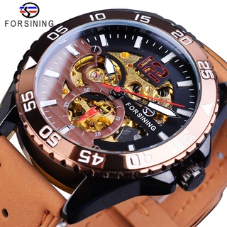 Forsining Brand Mens Watch Automatic Sports Casual Brown Genuine Leather Strap Skeleton Luminous Hands Mechanical Wrist