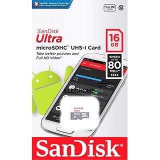 เม็มโมรี่การ์ด SANDISK MICRO SD ULTRA CLASS10 16GB -C10,SPEED UP TO 80MB/SEC แท้100%