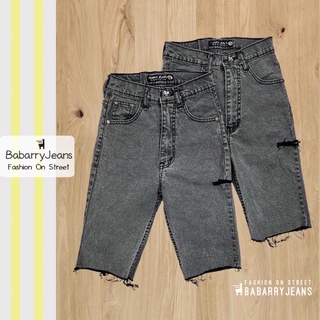 BabarryJeans ยีนส์สามส่วน เอวสูง ผ้ายีนส์ยืด ขาดข้าง ปลายตัด สีดำสโนว