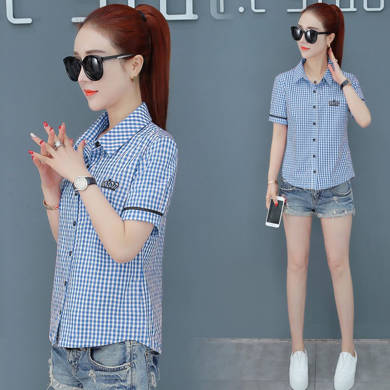 เสื้อเชิ้ตแขนสั้นลายสก๊อตผู้หญิงฤดูร้อนปี-2021-ใหม่-plus-ขนาดผู้หญิงแขนสั้น-bottoming-ผู้หญิงเสื้อด้านบนเสื้อผ้าผู้หญิง